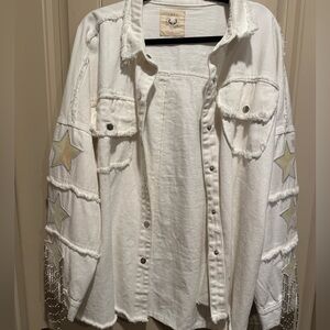 Fantastic Fawn White Frayed Jacket with Star Accents - L